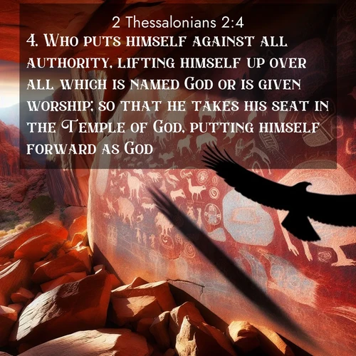 BBE 2 Thessalonians 2:4 overlaying nature image scene: Ancient petroglyphs weather on red canyon walls. A circling hawk's shadow passes over the timeless art.;4. Who puts himself against all authority, lifting himself up over all which is named God or is given worship; so that he takes his seat in the Temple of God, putting himself forward as God.
