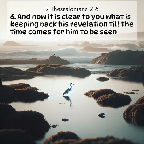 BBE 2 Thessalonians 2:6 overlaying nature image scene: A great blue heron fishes in tidal pools. Waves crash on distant reefs.;6. And now it is clear to you what is keeping back his revelation till the time comes for him to be seen.