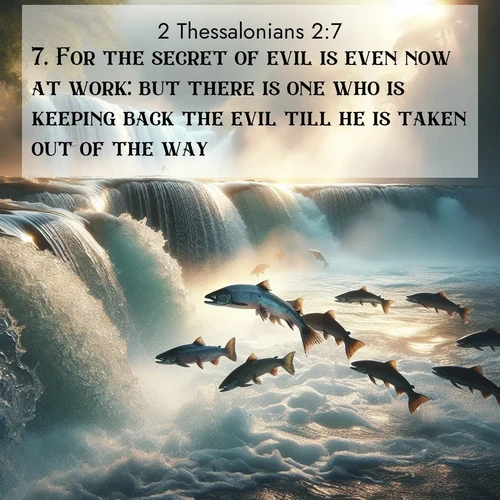 BBE 2 Thessalonians 2:7 overlaying nature image scene: Wild salmon leap ancient waterfalls. Mist rises like spirits in morning light.;7. For the secret of evil is even now at work: but there is one who is keeping back the evil till he is taken out of the way.