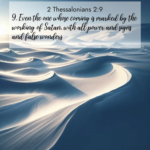 BBE 2 Thessalonians 2:9 overlaying nature image scene: Winter winds sculpt snow into graceful dunes across the tundra.;9. Even the one whose coming is marked by the working of Satan, with all power and signs and false wonders,