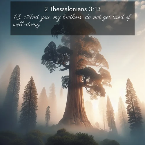 BasicEnglish 2 Thessalonians  ; image nature: image with the bible verse :And you, my brothers, do not get tired of well-doing. ; Browse Bible images illustrated by desert landscapes, with endless skies, golden dunes, and isolated palm trees. These images evoke the calm and grandeur of God&#039;s creation. Download inspiring verses like KJV 2 Thessalonians 3:13. Current verse is overlayed with the thematic nature scene : A giant sequoia reaches through morning fog. Centuries of growth stretch skyward in silent majesty. ; 3:13