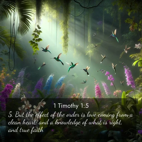 BasicEnglish 1 Timothy  ; image nature: image with the bible verse :But the effect of the order is love coming from a clean heart, and a knowledge of what is right, and true faith: ; Explore a collection of Bible verses paired with springtime scenes, featuring blooming flowers, lush meadows, and trees in full bloom. These images symbolize divine renewal and hope. Download inspiring verses like KJV 1 Timothy 1:5. Current verse is overlayed with the thematic nature scene : Wild orchids bloom in a rainforest canopy. Hummingbirds dart between the delicate flowers. ; 1:5