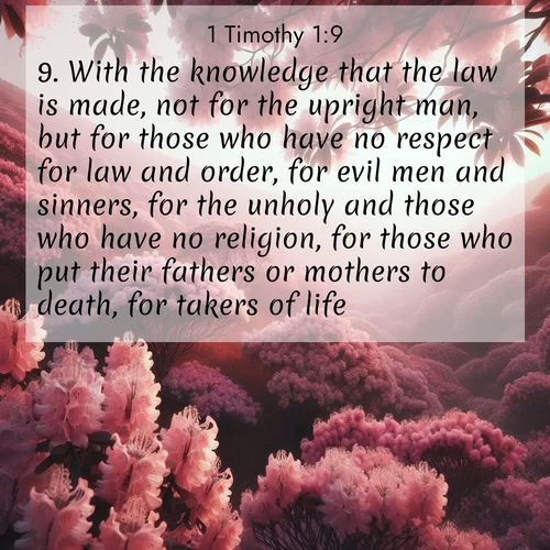 BBE 1 Timothy 1:9 overlaying nature image scene: Mountain laurel blooms paint hillsides pink. Spring breezes carry their honey scent.;9. With the knowledge that the law is made, not for the upright man, but for those who have no respect for law and order, for evil men and sinners, for the unholy and those who have no religion, for those who put their fathers or mothers to death, for takers of life,