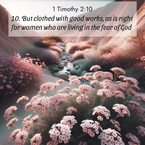 BasicEnglish 1 Timothy  ; image nature: image with the bible verse :But clothed with good works, as is right for women who are living in the fear of God. ; Browse a vast collection of Bible verse images featuring awe-inspiring landscapes such as calm lakes, vibrant sunsets, and peaceful fields. Download them for free and enjoy verses like KJV 1 Timothy 2:10. Current verse is overlayed with the thematic nature scene : Desert verbena blooms in hidden washes. Flash floods carved these secret gardens. ; 2:10