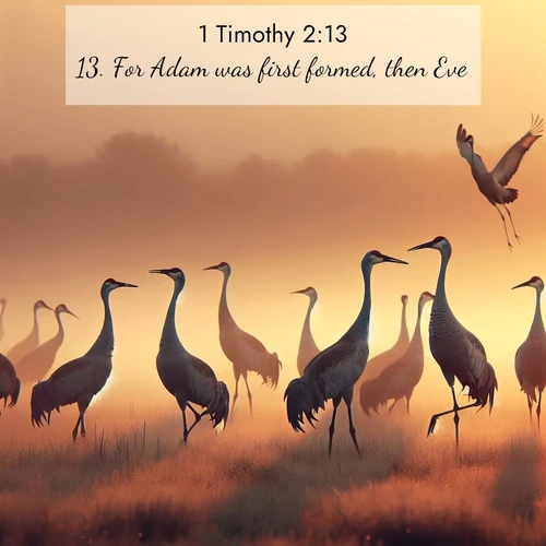 BasicEnglish 1 Timothy  ; image nature: image with the bible verse :For Adam was first formed, then Eve; ; Download Bible verse images featuring vibrant photos of nature, from snowy landscapes to golden deserts. These free images are perfect for phone wallpapers, desktop backgrounds, or sharing. Verses include KJV 1 Timothy 2:13. Current verse is overlayed with the thematic nature scene : Sandhill cranes dance in morning mist. Their calls echo across the marsh. ; 2:13