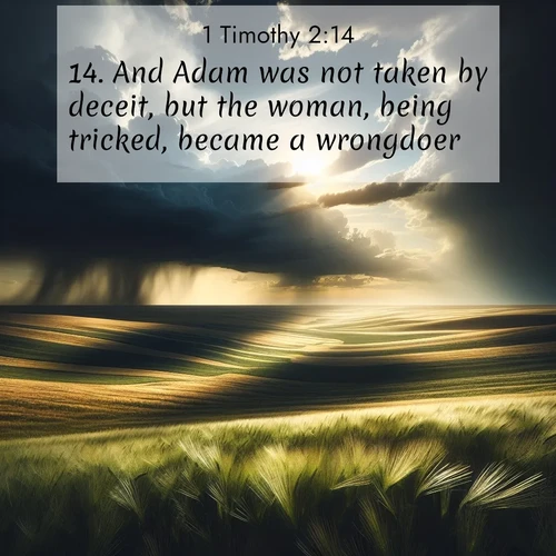 BasicEnglish 1 Timothy  ; image nature: image with the bible verse :And Adam was not taken by deceit, but the woman, being tricked, became a wrongdoer. ; Admire Bible verse images illustrated by desert scenes, such as sunsets over dunes, majestic rocks, and solitary cacti. These images capture the majesty of God in arid places. Download and share verses like KJV 1 Timothy 2:14. Current verse is overlayed with the thematic nature scene : Summer storms approach across vast prairie skies. ; 2:14