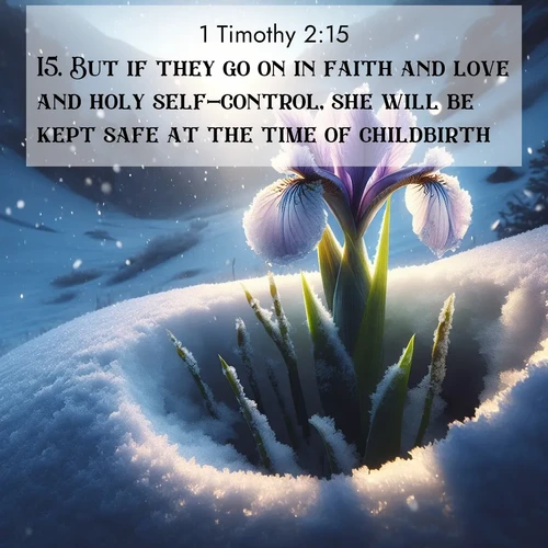 BasicEnglish 1 Timothy  ; image nature: image with the bible verse :But if they go on in faith and love and holy self-control, she will be kept safe at the time of childbirth. ; Browse a gallery of Bible verses paired with summer scenes, such as golden wheat fields, bright skies, and sunny beaches. These images convey the joy and warmth of God&#039;s creation. Download and share verses like KJV 1 Timothy 2:15. Current verse is overlayed with the thematic nature scene : Wild iris breaks through spring snow. Alpine light ignites petals. ; 2:15