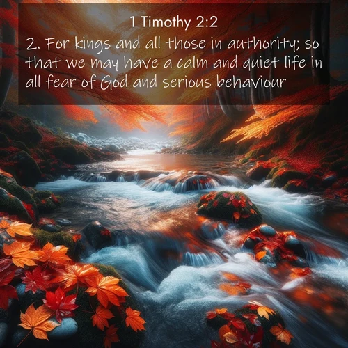 BasicEnglish 1 Timothy  ; image nature: image with the bible verse :For kings and all those in authority; so that we may have a calm and quiet life in all fear of God and serious behaviour. ; Download Bible verse images featuring vibrant photos of nature, from snowy landscapes to golden deserts. These free images are perfect for phone wallpapers, desktop backgrounds, or sharing. Verses include KJV 1 Timothy 2:2. Current verse is overlayed with the thematic nature scene : Autumn leaves swirl in eddies along a mountain stream. ; 2:2