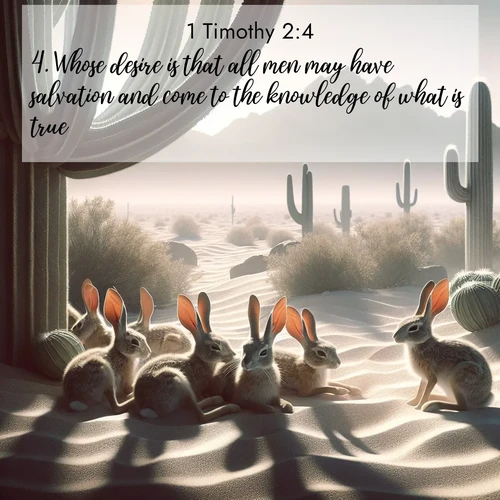 BasicEnglish 1 Timothy  ; image nature: image with the bible verse :Whose desire is that all men may have salvation and come to the knowledge of what is true. ; Download Bible verse images paired with breathtaking nature photos like golden deserts, shimmering seas, and blossoming orchards. These high-quality, free images are perfect for wallpapers or sharing. Verses include KJV 1 Timothy 2:4. Current verse is overlayed with the thematic nature scene : Desert jackrabbits rest in cactus shade. Heat waves distort distant peaks. ; 2:4