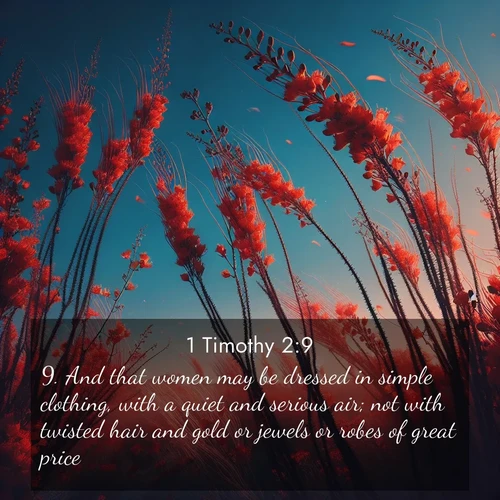 BasicEnglish 1 Timothy  ; image nature: image with the bible verse :And that women may be dressed in simple clothing, with a quiet and serious air; not with twisted hair and gold or jewels or robes of great price; ; Explore a stunning collection of Bible verse images featuring picturesque scenery like sun-drenched meadows, tranquil lakes, and majestic forests. All images are free to download and share. Verses include KJV 1 Timothy 2:9. Current verse is overlayed with the thematic nature scene : Desert ocotillo flames against blue sky. Wind sings through its scarlet blooms. ; 2:9