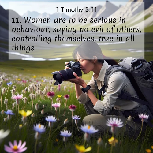 BasicEnglish 1 Timothy  ; image nature: image with the bible verse :Women are to be serious in behaviour, saying no evil of others, controlling themselves, true in all things. ; Admire stunning Bible verse images paired with photos of peaceful landscapes, such as foggy mornings, serene rivers, and blooming gardens. Download these free images and share verses like KJV 1 Timothy 3:11. Current verse is overlayed with the thematic nature scene : A naturalist photographs rare blooms. Alpine winds toss wildflower meadows. ; 3:11