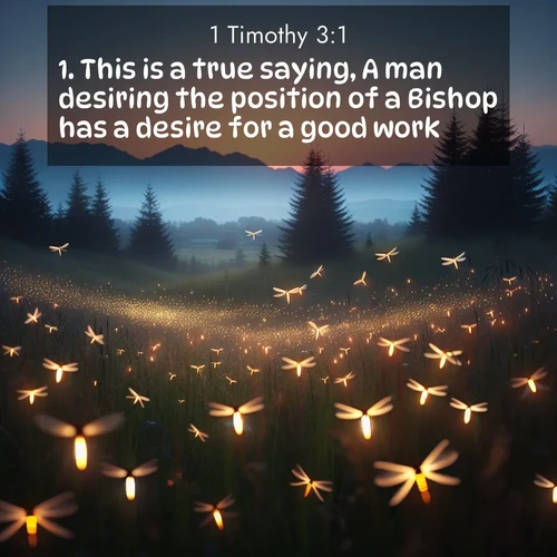 BasicEnglish 1 Timothy  ; image nature: image with the bible verse :This is a true saying, A man desiring the position of a Bishop has a desire for a good work. ; Dive into a gallery of Bible verses illustrated by tropical beach scenes, featuring sparkling waves, seashells, and radiant sunrises. These images evoke divine peace and joy. Download and share inspiring verses like KJV 1 Timothy 3:1. Current verse is overlayed with the thematic nature scene : Lightning bugs rise from summer meadows at dusk. Their lights dance like earthbound stars. ; 3:1