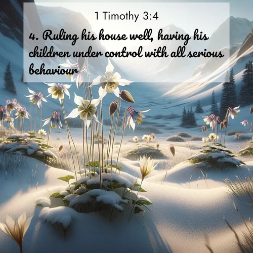 BasicEnglish 1 Timothy  ; image nature: image with the bible verse :Ruling his house well, having his children under control with all serious behaviour; ; Download Bible verse images featuring vibrant photos of nature, from snowy landscapes to golden deserts. These free images are perfect for phone wallpapers, desktop backgrounds, or sharing. Verses include KJV 1 Timothy 3:4. Current verse is overlayed with the thematic nature scene : Wild columbines nod in alpine breeze. Glacier lilies dot snowy meadows. ; 3:4