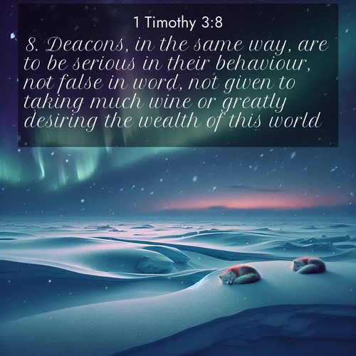 BasicEnglish 1 Timothy  ; image nature: image with the bible verse :Deacons, in the same way, are to be serious in their behaviour, not false in word, not given to taking much wine or greatly desiring the wealth of this world; ; Explore our vast collection of images featuring beautifully illustrated Bible verses accompanied by nature photos. Discover inspiring and motivating verses paired with soothing landscapes, like shimmering lakes, majestic mountains, and lush forests. Our images highlight the peaceful beauty of God&#039;s creation with vibrant colors and varied fonts. Download and share verse images like KJV 1 Timothy 3:8. Current verse is overlayed with the thematic nature scene : Northern lights dance across the frozen tundra in ribbons of green and purple. Snow falls silently on sleeping arctic foxes. ; 3:8