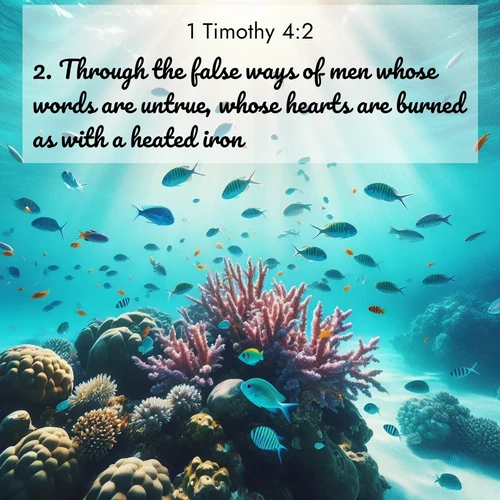 BBE 1 Timothy 4:2 overlaying nature image scene: Tropical fish dart through coral reefs in crystal-clear waters.;2. Through the false ways of men whose words are untrue, whose hearts are burned as with a heated iron;