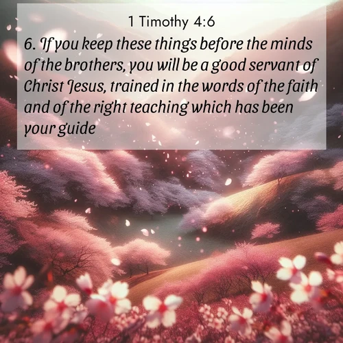 BBE 1 Timothy 4:6 overlaying nature image scene: Cherry blossoms blanket the hillside in soft pink snow, swirling through the air like nature's confetti.;6. If you keep these things before the minds of the brothers, you will be a good servant of Christ Jesus, trained in the words of the faith and of the right teaching which has been your guide: