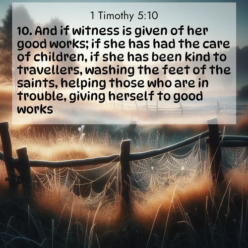 BasicEnglish 1 Timothy  ; image nature: image with the bible verse :And if witness is given of her good works; if she has had the care of children, if she has been kind to travellers, washing the feet of the saints, helping those who are in trouble, giving herself to good works. ; Explore Bible verse images beautifully illustrated with spring scenes, such as blooming meadows, trees in full bloom, and tranquil streams. These landscapes convey divine hope and vitality. Download and share verses like KJV 1 Timothy 5:10. Current verse is overlayed with the thematic nature scene : Morning frost coats spider webs stretched between fence posts in a country meadow. ; 5:10
