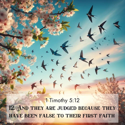 BasicEnglish 1 Timothy  ; image nature: image with the bible verse :And they are judged because they have been false to their first faith; ; Discover our curated gallery of Bible verse images with breathtaking scenery, from tranquil deserts to lush green pastures. Perfect for phone wallpapers or sharing online. Download verses like KJV 1 Timothy 5:12. Current verse is overlayed with the thematic nature scene : Spring migration fills the sky with countless swallows. ; 5:12