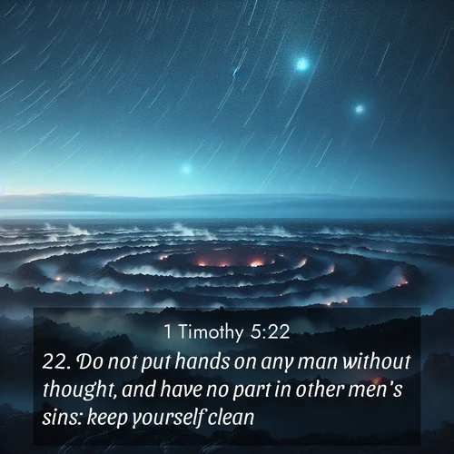 BasicEnglish 1 Timothy  ; image nature: image with the bible verse :Do not put hands on any man without thought, and have no part in other men&#039;s sins: keep yourself clean. ; Download inspiring Bible verse images featuring stunning natural vistas, from tropical islands to rolling hills. These free images make perfect wallpapers or gifts. Share verses like KJV 1 Timothy 5:22. Current verse is overlayed with the thematic nature scene : Volcanic steam rises through a field of black lava. Stars wheel overhead in the thin air. ; 5:22