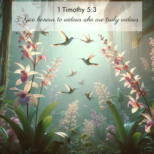 BasicEnglish 1 Timothy  ; image nature: image with the bible verse :Give honour to widows who are truly widows. ; Browse high-resolution Bible verse images featuring stunning nature photography, such as radiant sunsets, tranquil rivers, and blooming fields. Perfect for wallpapers or sharing on social media. Download KJV 1 Timothy 5:3. Current verse is overlayed with the thematic nature scene : Wild orchids bloom in rainforest canopy. Hummingbirds dance between delicate petals. ; 5:3