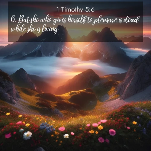 BasicEnglish 1 Timothy  ; image nature: image with the bible verse :But she who gives herself to pleasure is dead while she is living. ; Admire our autumnal collection of Bible verse images accompanied by photos of paths lined with red and yellow leaves, fiery forests, and calm rivers. These images inspire reflection and serenity. Share verses like KJV 1 Timothy 5:6. Current verse is overlayed with the thematic nature scene : Jagged peaks pierce through low-hanging clouds at sunrise. Alpine flowers dot the meadow below with splashes of color. ; 5:6