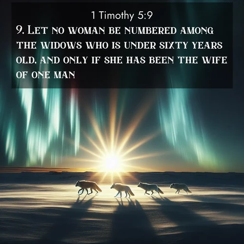 BasicEnglish 1 Timothy  ; image nature: image with the bible verse :Let no woman be numbered among the widows who is under sixty years old, and only if she has been the wife of one man, ; Download Bible verse images paired with breathtaking nature photos like golden deserts, shimmering seas, and blossoming orchards. These high-quality, free images are perfect for wallpapers or sharing. Verses include KJV 1 Timothy 5:9. Current verse is overlayed with the thematic nature scene : Arctic wolves traverse windswept tundra. Northern lights paint their fur in shifting colors. ; 5:9