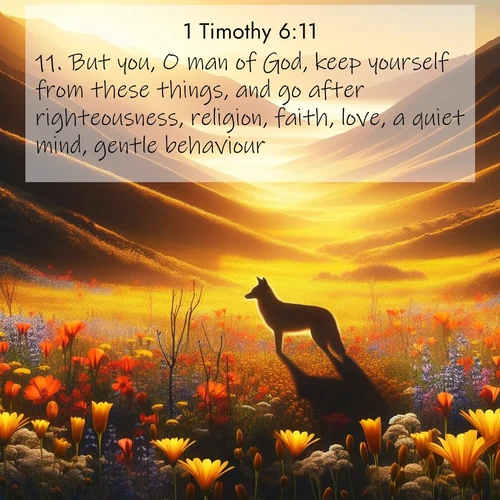 BasicEnglish 1 Timothy  ; image nature: image with the bible verse :But you, O man of God, keep yourself from these things, and go after righteousness, religion, faith, love, a quiet mind, gentle behaviour. ; Admire our autumnal collection of Bible verse images accompanied by photos of paths lined with red and yellow leaves, fiery forests, and calm rivers. These images inspire reflection and serenity. Share verses like KJV 1 Timothy 6:11. Current verse is overlayed with the thematic nature scene : Spring wildflowers carpet Death Valley in gold. A coyote&#039;s silhouette melts into the blooms. ; 6:11