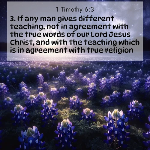 BasicEnglish 1 Timothy  ; image nature: image with the bible verse :If any man gives different teaching, not in agreement with the true words of our Lord Jesus Christ, and with the teaching which is in agreement with true religion, ; Admire Bible verse images capturing the beauty of beaches, with turquoise waters, palm trees, and peaceful shores. These soothing scenes reflect God&#039;s serenity and majesty. Download and share verses like KJV 1 Timothy 6:3. Current verse is overlayed with the thematic nature scene : Moonlight illuminates a field of bluebonnets. A warm breeze carries their sweet fragrance across the prairie. ; 6:3