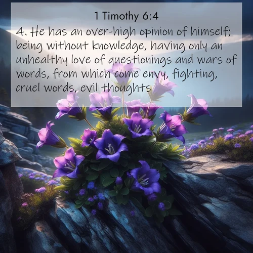 BasicEnglish 1 Timothy  ; image nature: image with the bible verse :He has an over-high opinion of himself; being without knowledge, having only an unhealthy love of questionings and wars of words, from which come envy, fighting, cruel words, evil thoughts, ; Browse our selection of stunning Bible verse images featuring unique natural scenes like fiery autumn forests, serene meadows, and starlit skies. Download and share verses like KJV 1 Timothy 6:4 for free. Current verse is overlayed with the thematic nature scene : Wild gentians bloom in rocky cracks. Summer storms gather above treeline. ; 6:4