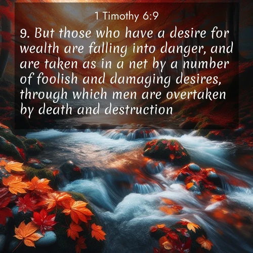 BasicEnglish 1 Timothy  ; image nature: image with the bible verse :But those who have a desire for wealth are falling into danger, and are taken as in a net by a number of foolish and damaging desires, through which men are overtaken by death and destruction. ; Discover inspiring Bible verse images featuring natural wonders like lush forests, sunny horizons, and cascading waterfalls. Perfect for wallpapers or spiritual encouragement. Download verses like KJV 1 Timothy 6:9. Current verse is overlayed with the thematic nature scene : Autumn leaves swirl in eddies along a mountain stream. ; 6:9