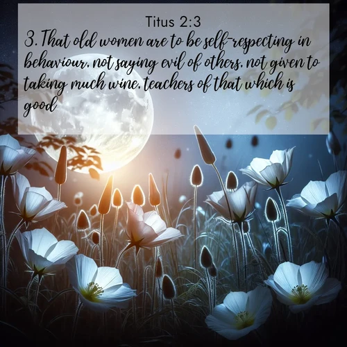 BasicEnglish Titus  ; image nature: image with the bible verse :That old women are to be self-respecting in behaviour, not saying evil of others, not given to taking much wine, teachers of that which is good, ; Admire Bible images representing autumn, with swirling leaves, misty skies, and vibrant trees. These images inspire profound spiritual reflection. Download and share verses like KJV Titus 2:3. Current verse is overlayed with the thematic nature scene : Moonflowers open to the rising full moon. Night insects hum in harmony. ; 2:3