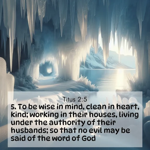 BasicEnglish Titus  ; image nature: image with the bible verse :To be wise in mind, clean in heart, kind; working in their houses, living under the authority of their husbands; so that no evil may be said of the word of God. ; Discover Bible images capturing the splendor of deserts, with golden dunes, vast skies, and peaceful oases. These landscapes highlight the grandeur and serenity of God&#039;s creation. Share verses like KJV Titus 2:5. Current verse is overlayed with the thematic nature scene : Winter ice forms crystal caves along lake cliffs. ; 2:5