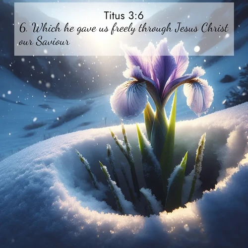 BBE Titus 3:6 overlaying nature image scene: Wild iris breaks through spring snow. Alpine light ignites petals.;6. Which he gave us freely through Jesus Christ our Saviour;