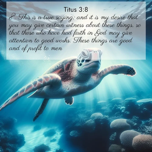 BasicEnglish Titus  ; image nature: image with the bible verse :This is a true saying; and it is my desire that you may give certain witness about these things, so that those who have had faith in God may give attention to good works. These things are good and of profit to men; ; Dive into a gallery of Bible verses illustrated by tropical beach scenes, featuring sparkling waves, seashells, and radiant sunrises. These images evoke divine peace and joy. Download and share inspiring verses like KJV Titus 3:8. Current verse is overlayed with the thematic nature scene : A sea turtle glides through underwater sunbeams. Coral gardens glow in the depths below. ; 3:8