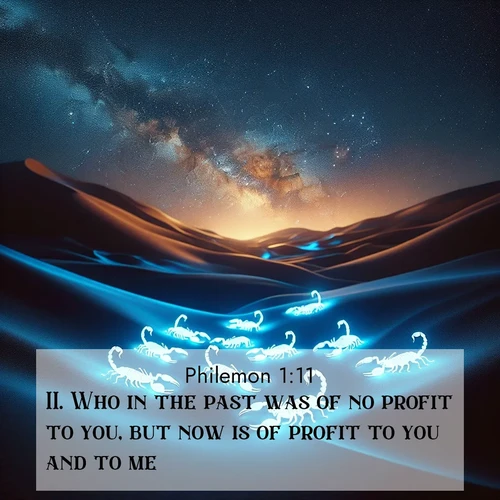 BasicEnglish Philemon  ; image nature: image with the bible verse :Who in the past was of no profit to you, but now is of profit to you and to me: ; Browse high-resolution Bible verse images featuring stunning nature photography, such as radiant sunsets, tranquil rivers, and blooming fields. Perfect for wallpapers or sharing on social media. Download KJV Philemon 1:11. Current verse is overlayed with the thematic nature scene : Desert scorpions glow under black light. Stars wheel in infinite darkness. ; 1:11