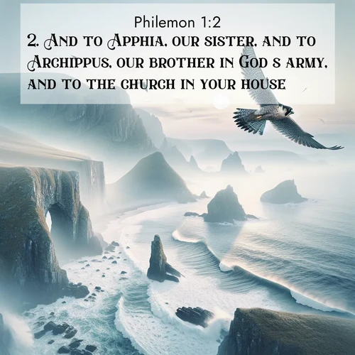 BasicEnglish Philemon  ; image nature: image with the bible verse :And to Apphia, our sister, and to Archippus, our brother in God&#039;s army, and to the church in your house: ; Browse a vast collection of Bible verse images featuring awe-inspiring landscapes such as calm lakes, vibrant sunsets, and peaceful fields. Download them for free and enjoy verses like KJV Philemon 1:2. Current verse is overlayed with the thematic nature scene : A peregrine falcon rides thermal currents above coastal cliffs. Waves crash endlessly against the rocks below. ; 1:2