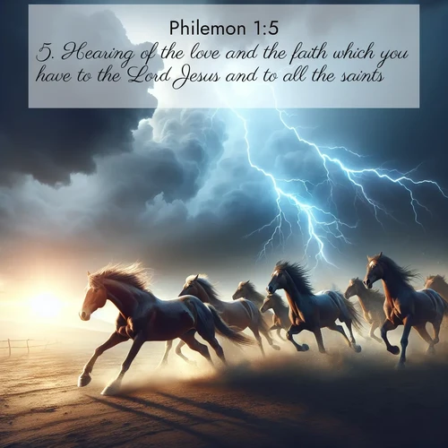 BasicEnglish Philemon  ; image nature: image with the bible verse :Hearing of the love and the faith which you have to the Lord Jesus and to all the saints; ; Explore winter-themed Bible verse images illustrated by snowy mountains, frost-covered branches, and clear skies. These landscapes reflect divine purity and peace. Download verses like KJV Philemon 1:5. Current verse is overlayed with the thematic nature scene : Wild horses race approaching storms. Lightning illuminates their power. ; 1:5
