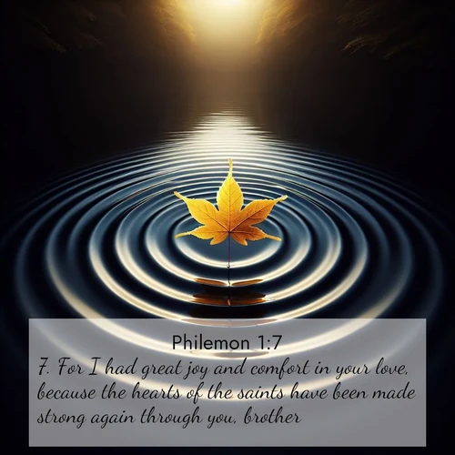 BasicEnglish Philemon  ; image nature: image with the bible verse :For I had great joy and comfort in your love, because the hearts of the saints have been made strong again through you, brother. ; Explore Bible verses combined with serene beach photos, desert dunes, and infinite skies, highlighting God&#039;s majesty in every landscape. Download and share inspiring verses like KJV Philemon 1:7. Current verse is overlayed with the thematic nature scene : A single maple leaf floats on black water. Concentric ripples spread outward into infinity. ; 1:7
