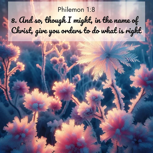 BasicEnglish Philemon  ; image nature: image with the bible verse :And so, though I might, in the name of Christ, give you orders to do what is right, ; Admire Bible images evoking autumn, with warm colors of fallen leaves, harvested fields, and tranquil woods. These inspiring landscapes reflect the transition and beauty of God&#039;s creation. Download verses like KJV Philemon 1:8. Current verse is overlayed with the thematic nature scene : Morning light reveals frost flowers. Rainbow crystals bloom on bare branches. ; 1:8