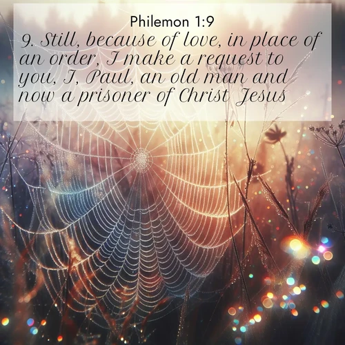 BasicEnglish Philemon  ; image nature: image with the bible verse :Still, because of love, in place of an order, I make a request to you, I, Paul, an old man and now a prisoner of Christ Jesus: ; Dive into our collection of Bible verse images beautifully illustrated with beach photos, featuring gentle waves, sunsets over the sea, and sandy shores. These scenes evoke the peace and majesty of God. Download and share inspiring verses like KJV Philemon 1:9. Current verse is overlayed with the thematic nature scene : Morning fog reveals spider web galaxies. Dew drops catch rainbow light. ; 1:9