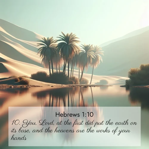BasicEnglish Hebrews  ; image nature: image with the bible verse :You, Lord, at the first did put the earth on its base, and the heavens are the works of your hands: ; Discover Bible images capturing the splendor of deserts, with golden dunes, vast skies, and peaceful oases. These landscapes highlight the grandeur and serenity of God&#039;s creation. Share verses like KJV Hebrews 1:10. Current verse is overlayed with the thematic nature scene : A desert oasis shimmers in the midday heat, palm fronds rustling above still waters. ; 1:10
