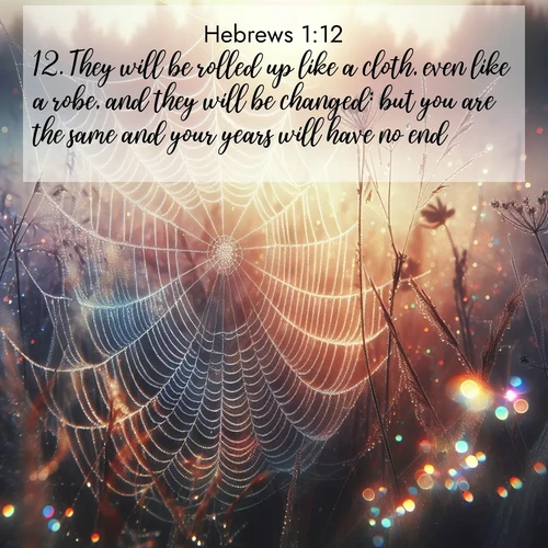 BasicEnglish Hebrews  ; image nature: image with the bible verse :They will be rolled up like a cloth, even like a robe, and they will be changed: but you are the same and your years will have no end. ; Discover Bible images capturing the splendor of deserts, with golden dunes, vast skies, and peaceful oases. These landscapes highlight the grandeur and serenity of God&#039;s creation. Share verses like KJV Hebrews 1:12. Current verse is overlayed with the thematic nature scene : Morning fog reveals spider web galaxies. Dew drops catch rainbow light. ; 1:12