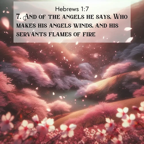 BasicEnglish Hebrews  ; image nature: image with the bible verse :And of the angels he says, Who makes his angels winds, and his servants flames of fire: ; Explore winter-themed Bible verse images illustrated by snowy mountains, frost-covered branches, and clear skies. These landscapes reflect divine purity and peace. Download verses like KJV Hebrews 1:7. Current verse is overlayed with the thematic nature scene : Cherry blossoms blanket the hillside in soft pink snow, swirling through the air like nature&#039;s confetti. ; 1:7