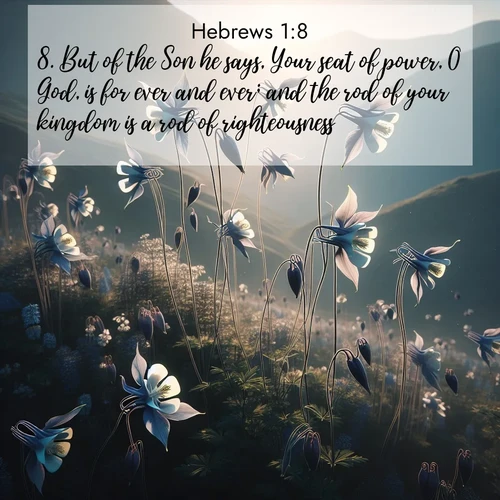 BasicEnglish Hebrews  ; image nature: image with the bible verse :But of the Son he says, Your seat of power, O God, is for ever and ever; and the rod of your kingdom is a rod of righteousness. ; Access a vast collection of Bible verse images illustrated with natural landscapes like calm rivers, blooming fields, and bright horizons. These images emphasize the serenity and splendor of God&#039;s creation, accompanied by aesthetic fonts and joyful colors. Download verses like KJV Hebrews 1:8 and share them. Current verse is overlayed with the thematic nature scene : Wild columbines dance on impossibly thin stems. Mountain breezes carry their perfume. ; 1:8