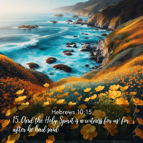 BBE Hebrews 10:15 overlaying nature image scene: Wild mustard flowers carpet coastal cliffs. Pacific waves provide endless percussion below.;15. And the Holy Spirit is a witness for us: for after he had said,
