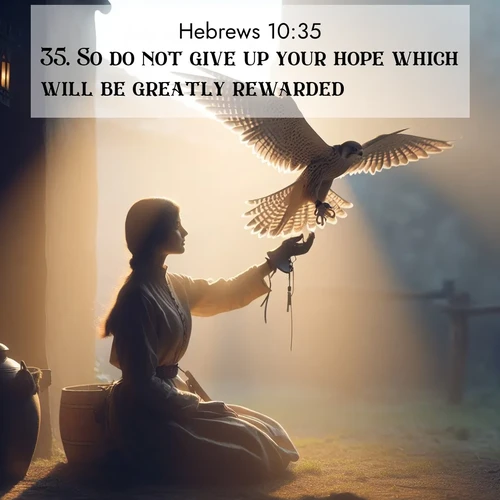 BBE Hebrews 10:35 overlaying nature image scene: A falconer releases his bird. Wind lifts magnificent wings.;35. So do not give up your hope which will be greatly rewarded.

