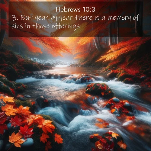 BBE Hebrews 10:3 overlaying nature image scene: Autumn leaves swirl in eddies along a mountain stream.;3. But year by year there is a memory of sins in those offerings.