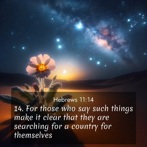 BasicEnglish Hebrews  ; image nature: image with the bible verse :For those who say such things make it clear that they are searching for a country for themselves. ; Explore a gallery of beautiful Bible verse images with tranquil natural settings—perfect for phone backgrounds or inspirational posts. Download your favorite verses like KJV Hebrews 11:14 today. Current verse is overlayed with the thematic nature scene : Desert primrose opens to stars. Night wind carries sweet perfume. ; 11:14