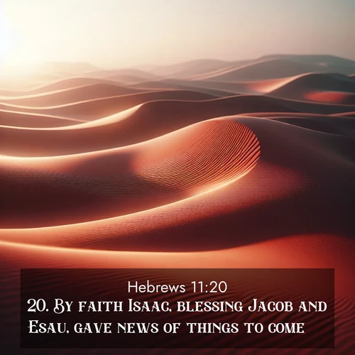 BasicEnglish Hebrews  ; image nature: image with the bible verse :By faith Isaac, blessing Jacob and Esau, gave news of things to come. ; Discover inspiring Bible verse images featuring natural wonders like lush forests, sunny horizons, and cascading waterfalls. Perfect for wallpapers or spiritual encouragement. Download verses like KJV Hebrews 11:20. Current verse is overlayed with the thematic nature scene : Desert wind sculpts abstract patterns in red sand. ; 11:20
