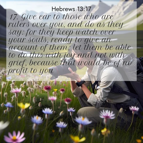 BasicEnglish Hebrews  ; image nature: image with the bible verse :Give ear to those who are rulers over you, and do as they say: for they keep watch over your souls, ready to give an account of them; let them be able to do this with joy and not with grief, because that would be of no profit to you. ; Browse a large collection of Bible verse images with photos showcasing the splendor of nature. Scenes of peaceful rivers, verdant valleys, and radiant skies enhance the inspiring verses. Each image reflects the serenity and joy of God&#039;s creation, with elegant text fonts. Download and share verses such as KJV Hebrews 13:17. Current verse is overlayed with the thematic nature scene : A naturalist photographs rare blooms. Alpine winds toss wildflower meadows. ; 13:17